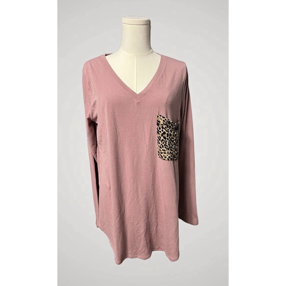 Women's Pink V-Neck Long Sleeve Top with Leopard Pocket
